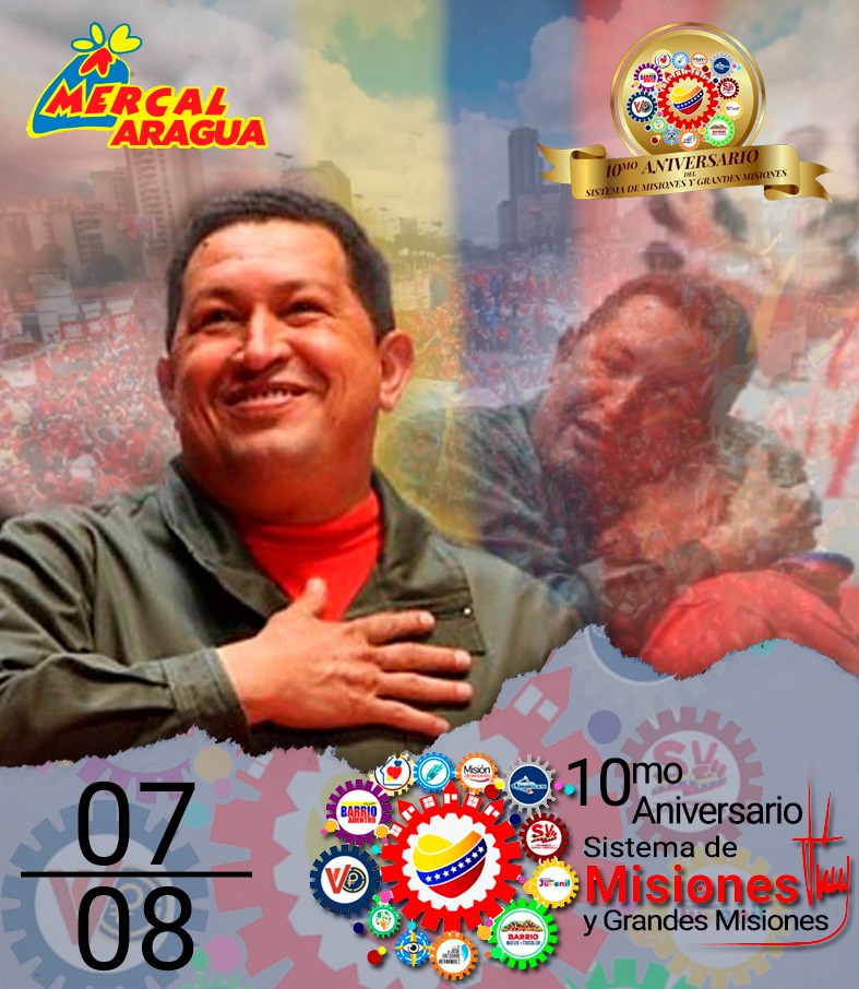 #Aragua #07Agos Hoy llenos de jubilo desde MERCAL Aragua celebramos el 10°Aniversario de la creación del Sistema Nacional de Misiones y Grandes Misiones, brazo motor de las políticas de alimentación y proteccion social del pueblo. 
#PuebloVamosConTodo
<a href="/NicolasMaduro/">Nicolás Maduro</a>