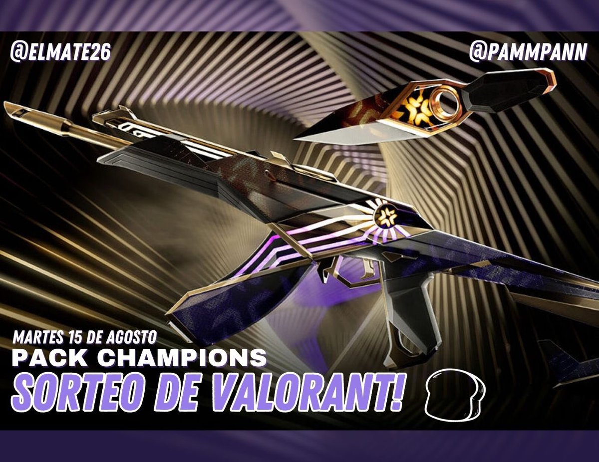 SORTEO DE VALORANT!🎁✨
Pack Champions~
(Requisito: tener PayPal) 

Para participar : 

✅ Follow <a href="/pammpann/">Pam╰(*´︶`*)╯🍞</a> &amp; @Elmate26 
✅ Like &amp; rt 
✅ Menciona a dos amigos!

Ganador se anunciará el martes 15 de agosto!

Suerte a todos! ^^💜🍞