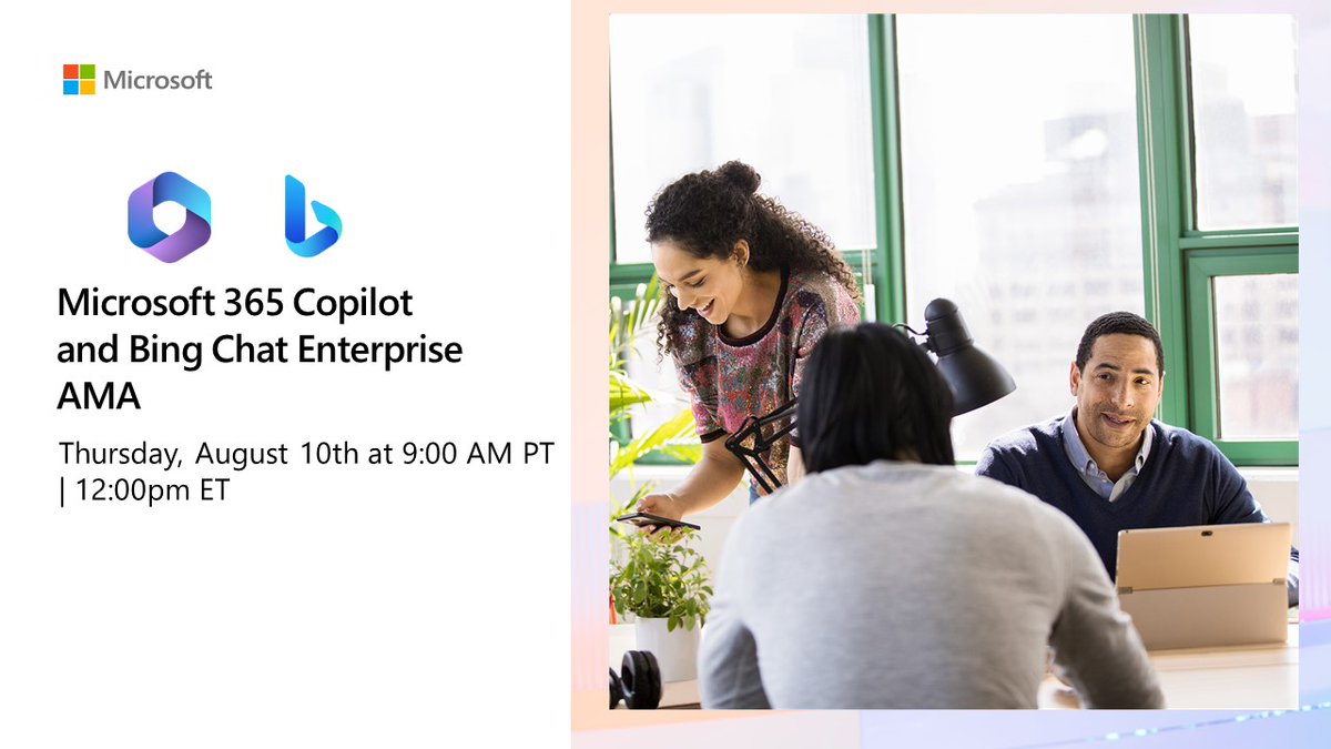 MSTCommunity's tweet image. Join us this Thursday, August 10th at 9 am PT for our Microsoft 365 Copilot and Bing Chat Enterprise AMA! Post your questions now to get answered during the live hour: #Microsoft365 #Copilot #Microsoft365Copilot msft.it/60179HmON