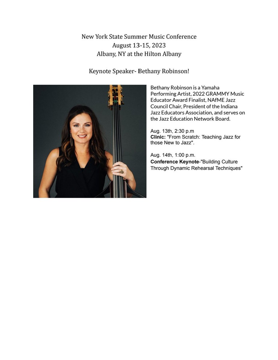 Kovacs_MEBand's tweet photo. NYS Summer Music Conference! NYSBDA is proud to present the Keynote Speaker, Bethany Robinson! @OfficialNYSSMA @NYSSMAZone3 @NYSBDA @NYSCAME @ACDANational @ASTAstrings https://t.co/Jr01NxtP9N