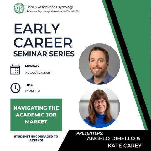 Students &amp; early career colleagues— the esteemed <a href="/ADiBello27/">Angelo M. DiBello, PhD</a> and <a href="/kbcarey101/">Kate Carey</a> will discuss how to navigate the academic job market with <a href="/apadivision50/">APA Division 50 (Society of Addiction Psychology)</a> on Monday, Aug 21 at 12ET! Where to look, how to prep, and what to consider 😬 Register here: umsystem.zoom.us/meeting/regist…