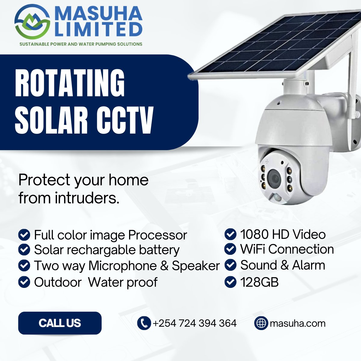 masuhalimited's tweet image. The Rotating Solar CCTV With 1080 HD video, ultra-low power consumption, its the ultimate security solution. With its two-way microphone &amp;amp; speaker on the go

Solar-rechargeable internal battery and outdoor waterproof design  invest in smart, green security! #CCTV #SolarSecurity