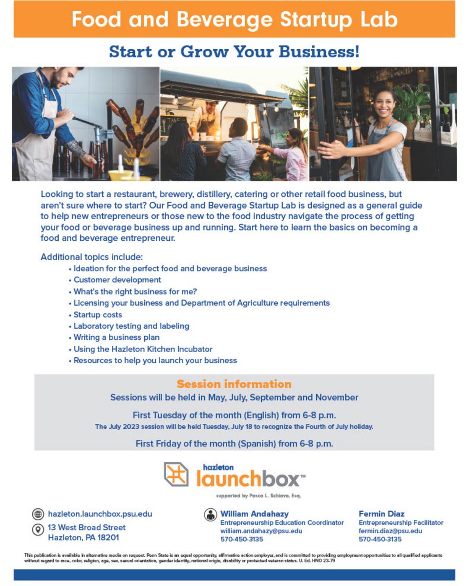 canbeinnovation's tweet photo. Looking to start a restaurant, catering, or other retail #FoodBusiness but aren't sure where to start? The #HazletonLaunchBox can help!
Sign up for their Food and Beverage Startup Lab to learn how to get your food business up and running.
Learn more ➡️: https://t.co/t7bGSmxSp9 https://t.co/lqjOrKlmov