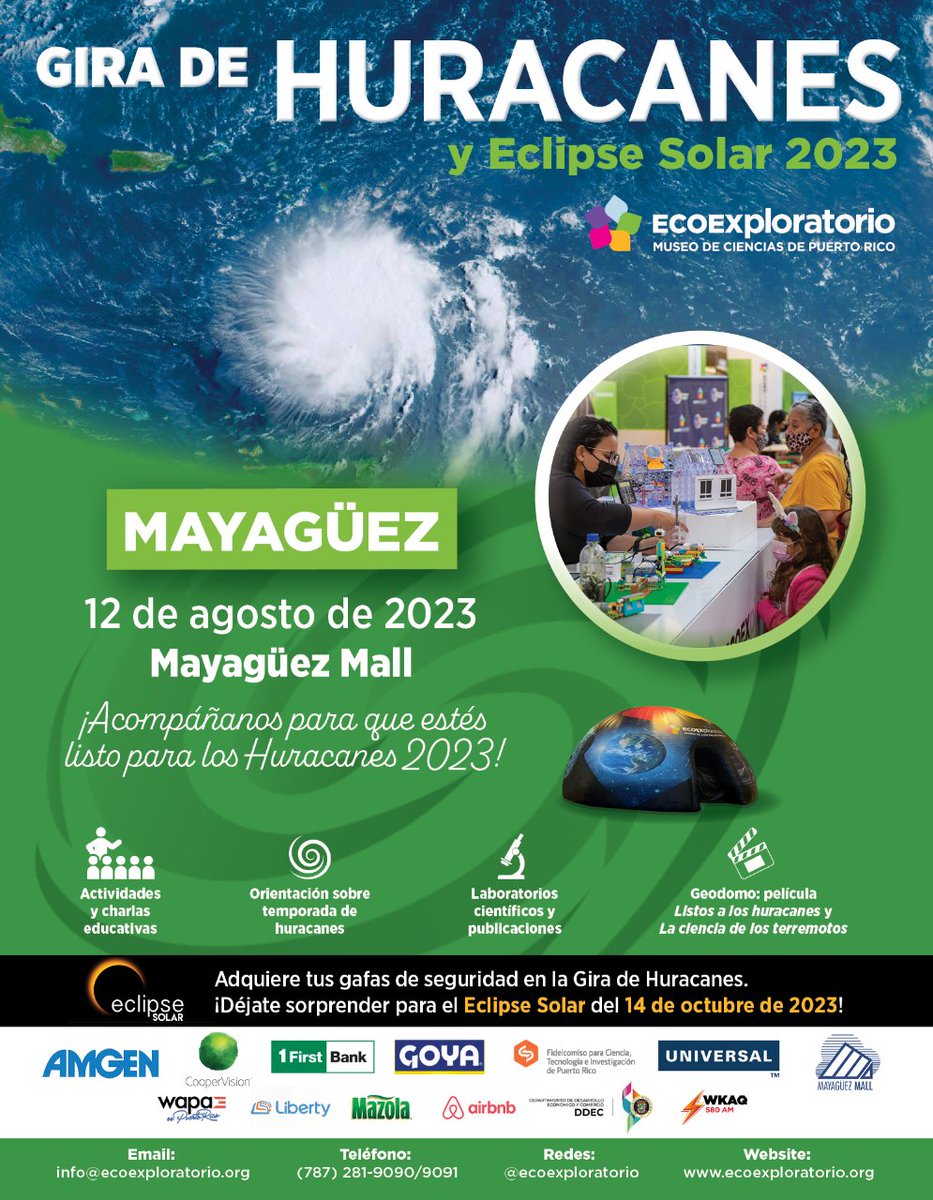 ECOEXPLORATORIO's tweet photo. ¡Nos vamos para Mayagüez Mall! ⛈️☂️🌀 ¡La Gira de Huracanes llega a ti para que estés listo para los Huracanes 2023!

¡Acompáñanos para que estés listo para los Huracanes 2023!

#cienciadivertida #mimuseopr #huracanes2023 #RutaPD2023 #GiraDeHuracanes #GiraDeHuracanes2023 https://t.co/yP6myMkK3r
