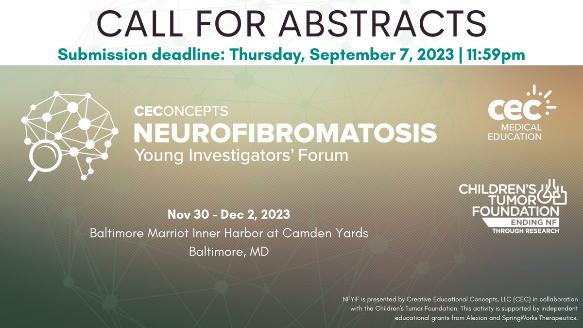 📢 Exciting news! The 3rd Annual #NFYIF Call for Abstracts is OPEN!

Are you a Jr Faculty, Fellow, PhD Student or Postdoc conducting active research in #NF? Submit your work for a chance to go to Baltimore in Nov!

Deadline 9/7: ce.ceconcepts.com/NFYIFsubmit
<a href="/ChildrensTumor/">Children's Tumor Fdn</a> #NFYIF23 🧬
