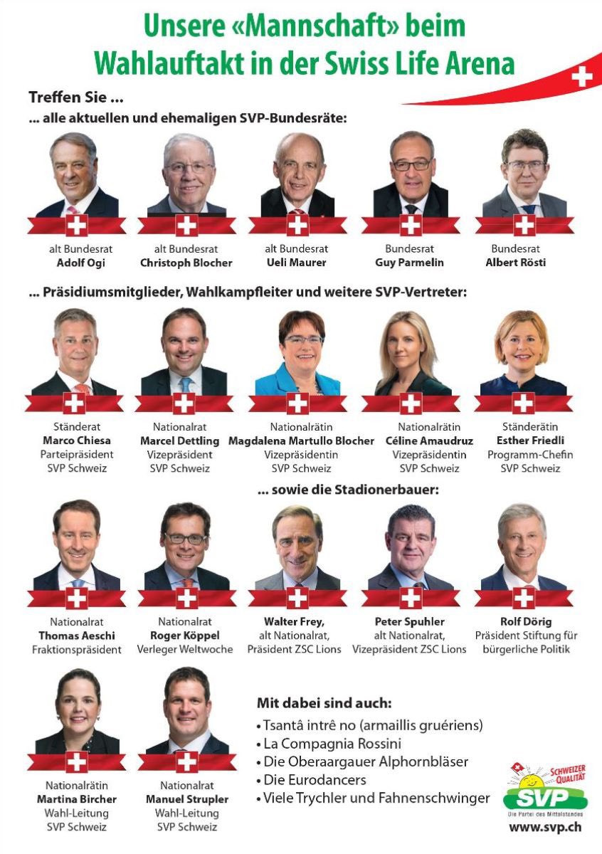 Wahlauftakt der SVP Schweiz 👍🏻🇨🇭💪🏻

Jetzt anmelden: 
svp.ch/wahlauftakt

#wahlen23 #nationalratswahlen2023 #ständeratswahlen2023