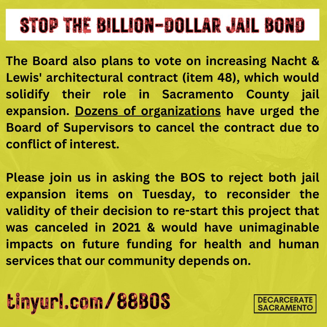 TOMORROW!! Join us to stop the proposed Billion-Dollar Jail Bond in Sacramento County! Please show up & make public comment at 700 H St or call-in.
tinyurl.com/88BOS

actionnetwork.org/letters/stop-t…

#NoNewSacJail
#StopTheBillionDollarJailBond #CareNotCages
