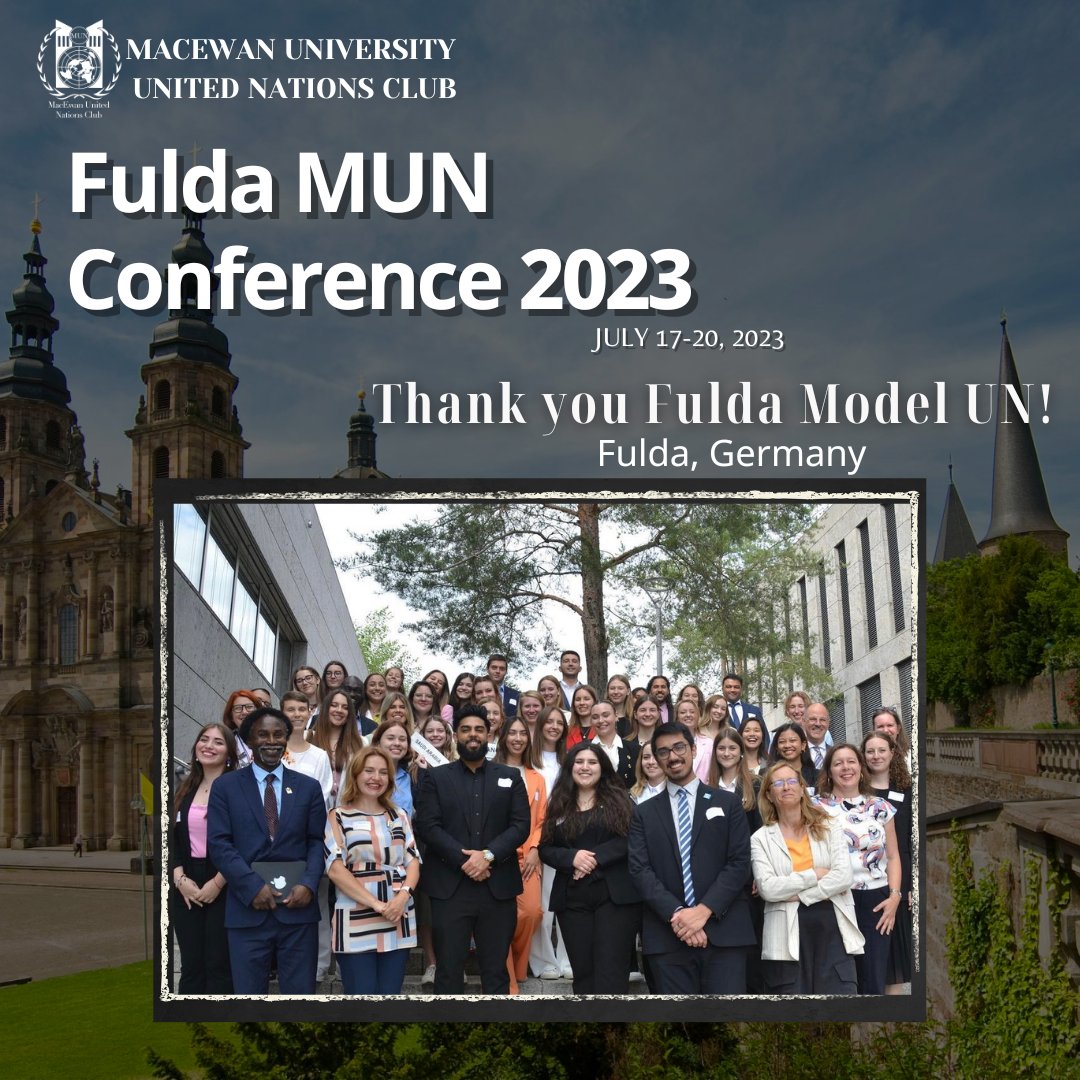 MacEwanUN's tweet photo. Last month, with the support of Fulda University of Applied Sciences our former Secretary-General, Director-General, and VP Finance flew into Fulda, Germany, to attend the Fulda Model UN Conference as Chairs for the UN General Assembly. https://t.co/WmyRvQ66qH