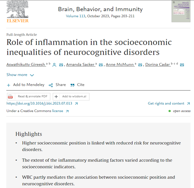DorinaCadar's tweet photo. Very happy to see this new @ELSA_Study published in @BrainBehavImm showing how the impact of #inflmamation on #neurocognitivedisorders varies by #SES #inequalities particularly #wealth
Congrats @AswathikuttyAsh @UCL_IEHC
@BSMSMedSchool @BSMS_CDS 
https://t.co/vK0r6rcR0j https://t.co/voqun9Ey3q