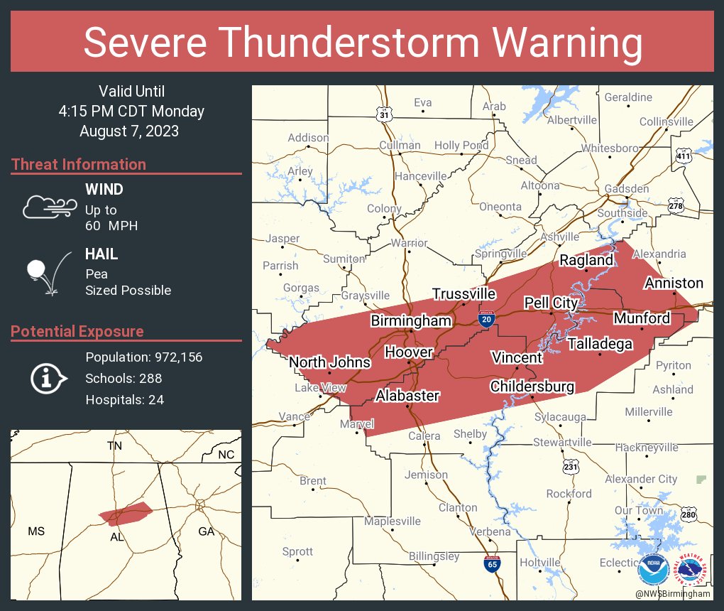 NWSSevereTstorm's tweet image. Severe Thunderstorm Warning including Birmingham AL, Hoover AL and  Vestavia Hills AL until 4:15 PM CDT
