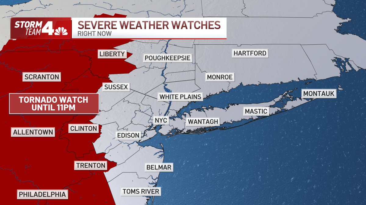 ALERT! A tornado watch has been issued for parts of Pennsylvania, New Jersey, and New York #StormTeam4NY #NYC #NJ #PA