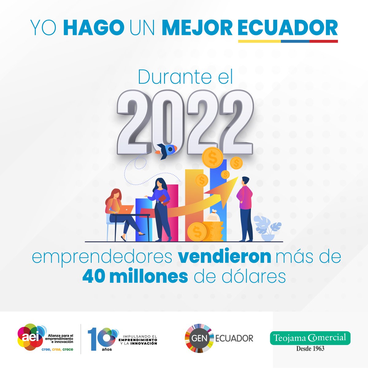 iTeojama aporta al ecosistema de emprendimiento del #Ecuador!
Durante el 2022, aportamos a la generación de más de 40 millones de dólares en ventas de emprendedores a través de la AEI. <a href="/aeiecuador/">AEI</a>

#YoSoyAEI #TeojamaComercial