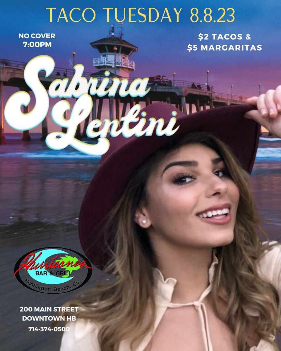 HurricanesBar's tweet image. The #USOPEN may be over, but the fun continues! Join us this Tuesday for an unforgettable performance by the talented @sabrinalentini.

Get ready to indulge in tacos, margs, and tunes as we celebrate #TacoTuesday together!