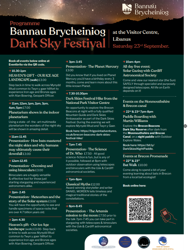 Dark Sky festival with lots of activities in <a href="/BannauB/">Bannau Brycheiniog (Brecon Beacons) National Park</a> , Sept 23rd