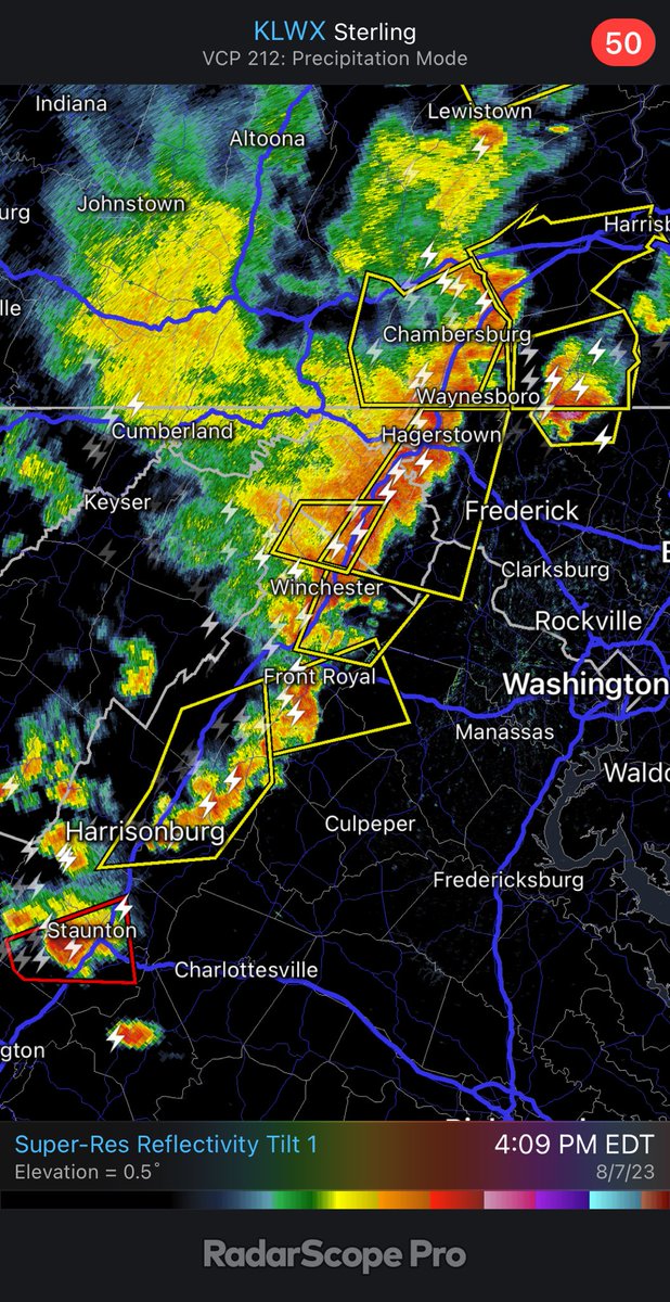 capitalweather's tweet photo. 410p: Severe storms lined up along I81 from Hagerstown to Staunton, where there’s a tornado warning. Storms have a history of damaging winds and hail. Still a couple hours from Beltway. Follow updates here: https://t.co/cLUPqLXmM9 https://t.co/5ZjXffassA