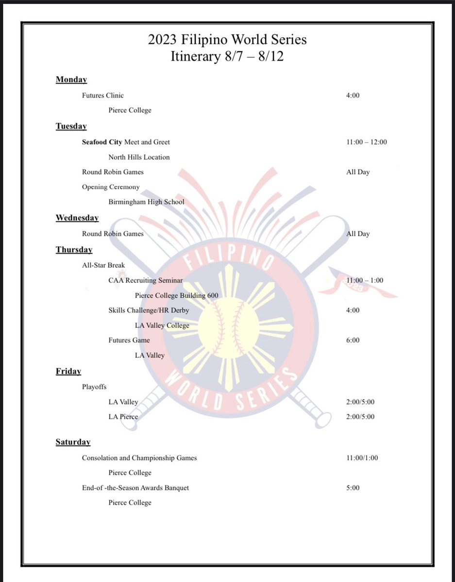 Philippinesbsbl's tweet photo. 🇵🇭 

The itinerary for the #FilipinoWS23. https://t.co/wca47m0fnX