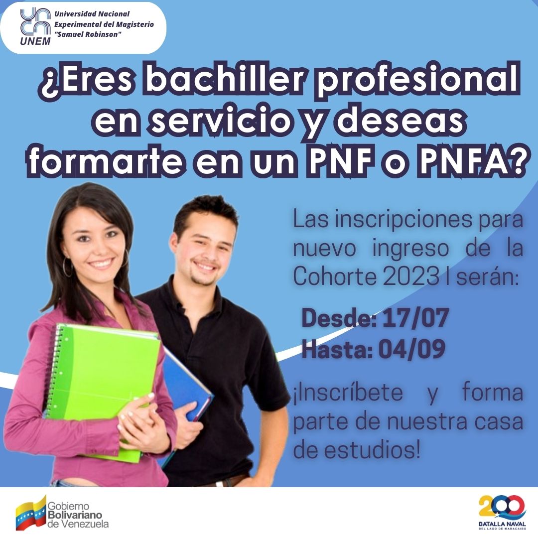 #Atención📣|| Las inscripciones para nuevo ingreso de bachilleres profesionales en servicio de #PNF y #PNFA Cohorte 2023-I estarán abiertas hasta este #4Sep. 

¡Inscríbete! 

Te dejamos el link de acceso👇💻

registrounem.22web.org/nuevoingreso20…