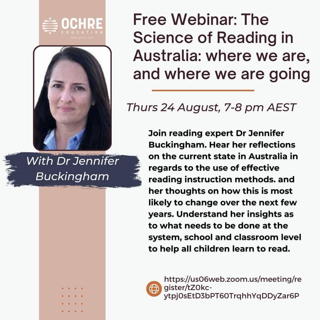 <a href="/OchreEducation/">Ochre Education</a> presents The Science of Reading in Australia with <a href="/buckingham_j/">Jennifer Buckingham</a> 
Don't miss this opportunity to expand your knowledge &amp; contribute to the future of education. The journey to empowering all children with strong reading skills starts with understanding.