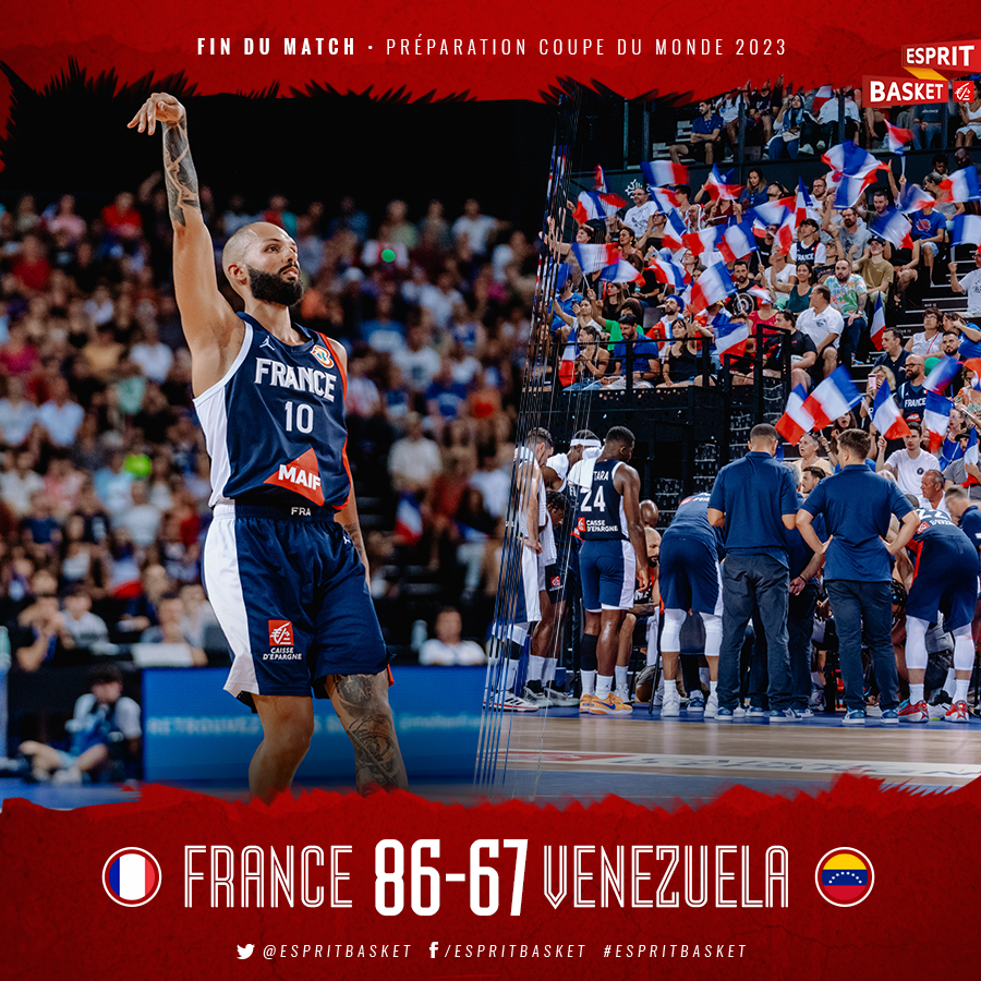 VICTOIRE ! 🏆

Les Bleus l'emportent face au Venezuela dans cette belle salle d'Orléans, le travail continue 👊

Bravo les gars 👏
#FRAVEN 🇫🇷 86 - 67 🇻🇪 (40')
#EspritBasket