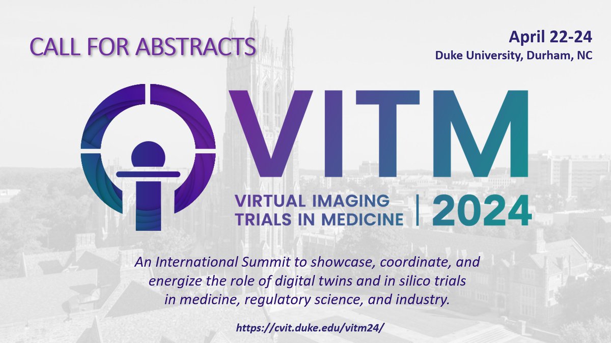 Submit your #VITM24 abstract by October 20. Join the conference and present your research in the virtual imaging field! Don't miss this opportunity! @DukeRAILabs @DukeRadiology @aapmHQ @EFOMP_org @TriangleCERSI. More info on the website: cvit.duke.edu/vitm24/