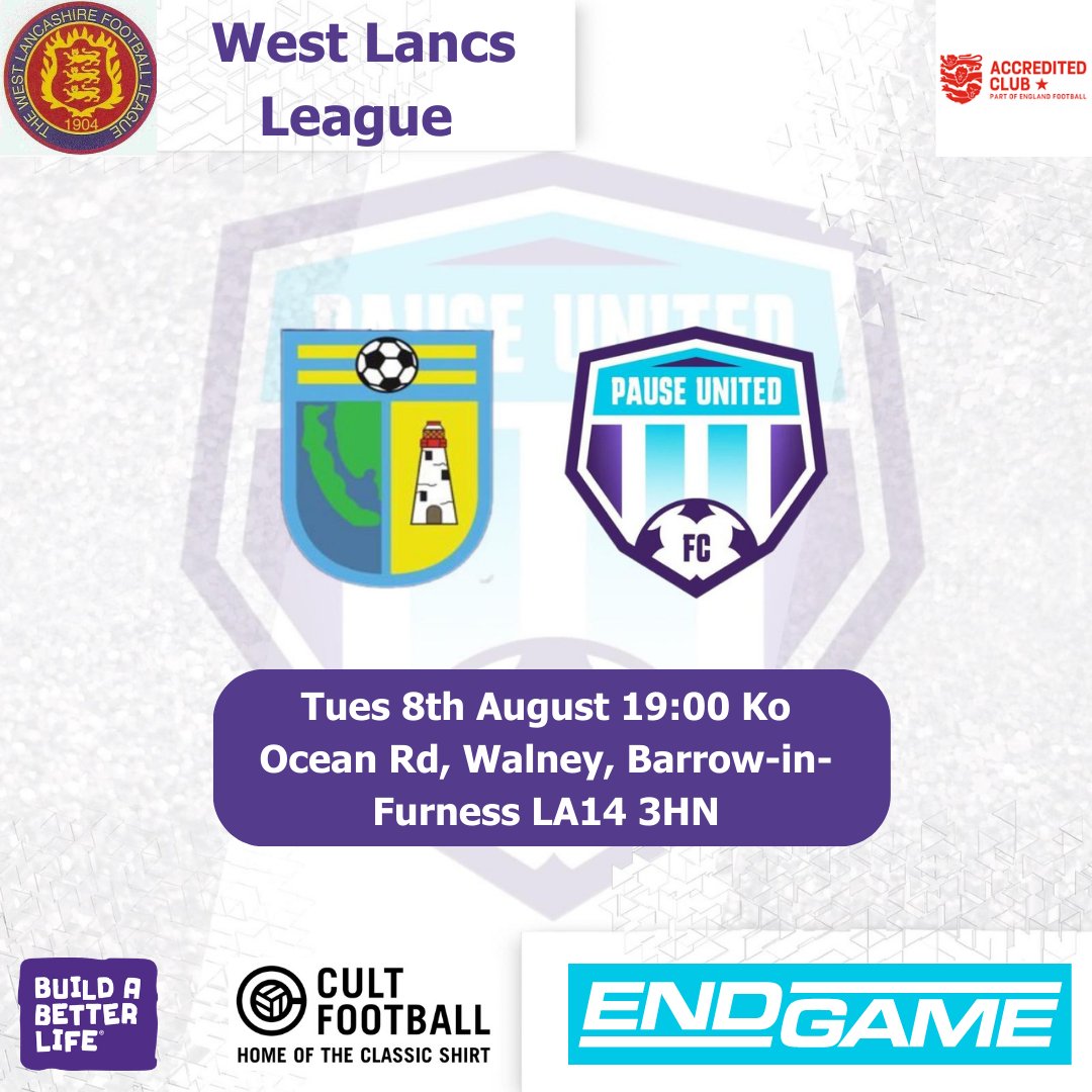 PauseUnited's tweet photo. 🟣 Next game sees us travel to Walney Island
Walney Island FC vs Pause United
Tues 8th August KO 19:00 @WalneyIslandFC @westlancsleague
https://t.co/exw2NVT2iu
https://t.co/MCDMrJPDI2
#BuildaBetterLife
#footballandwellbeing https://t.co/Im404GegmL