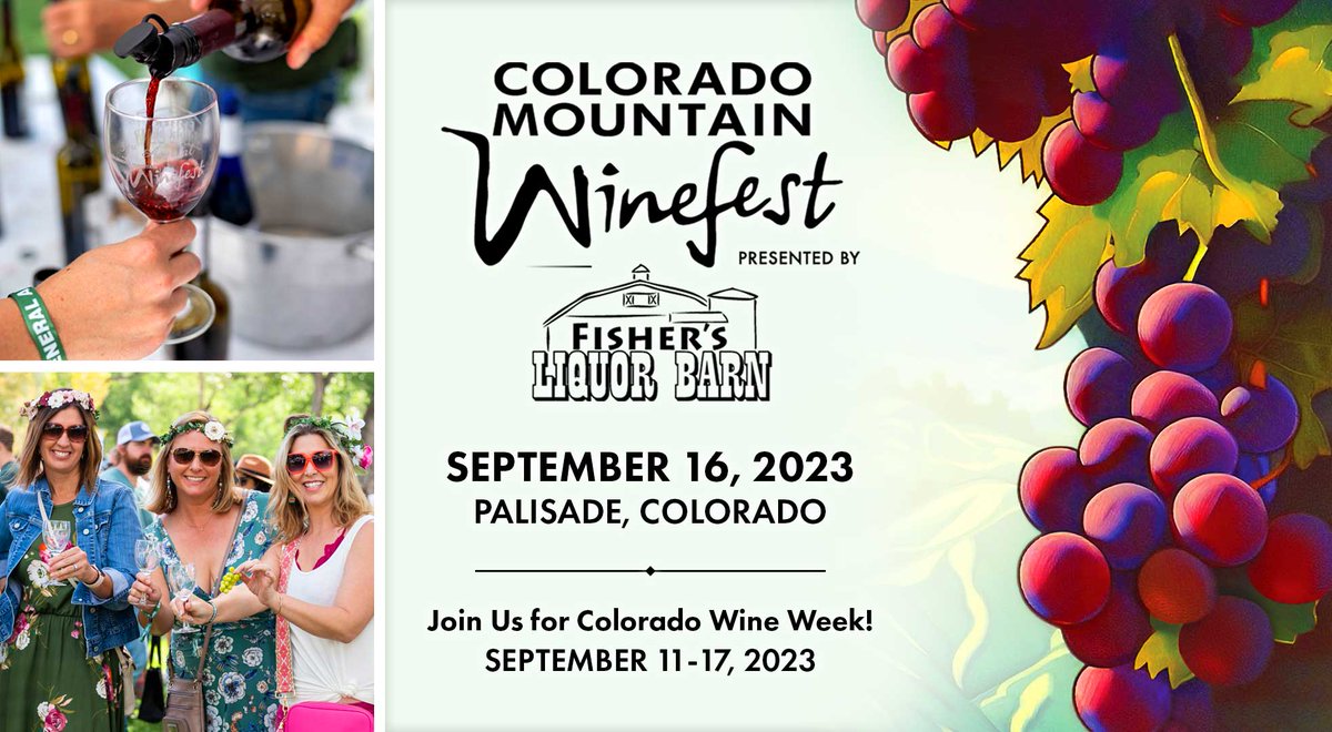 COWinefest's tweet photo. Join us for the 32nd Annual Colorado Mountain Winefest presented by Fisher's Liquor Barn on Sept. 16th in Palisade, CO! GA Ticket tickets include a commemorative wine glass, wine tote, unlimited sips from over 50 Colorado wineries, live music &amp; more! https://t.co/WDH8fwaPgJ https://t.co/xfhbUrFsez