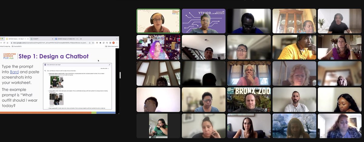 CSforAllNYC's tweet photo. 🚀Today, we launched a pilot Equity + #AI intensive learning series with over 50 teachers from across @NYCSchools! This summer intensive PL is focused on #equitable AI in the classroom using a critical computing lens. 🎉 HUGE thanks to these rockstar educators 🔥 https://t.co/ANvGgi9BL2