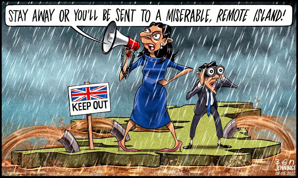 Ben Jennings on the Tories’ attempts to make the UK unwelcoming to arrivals #SuellaBraverman #Rwanda #migrants #RishiSunak #Refugee #Migration –  political cartoon gallery in London original-political-cartoon.com