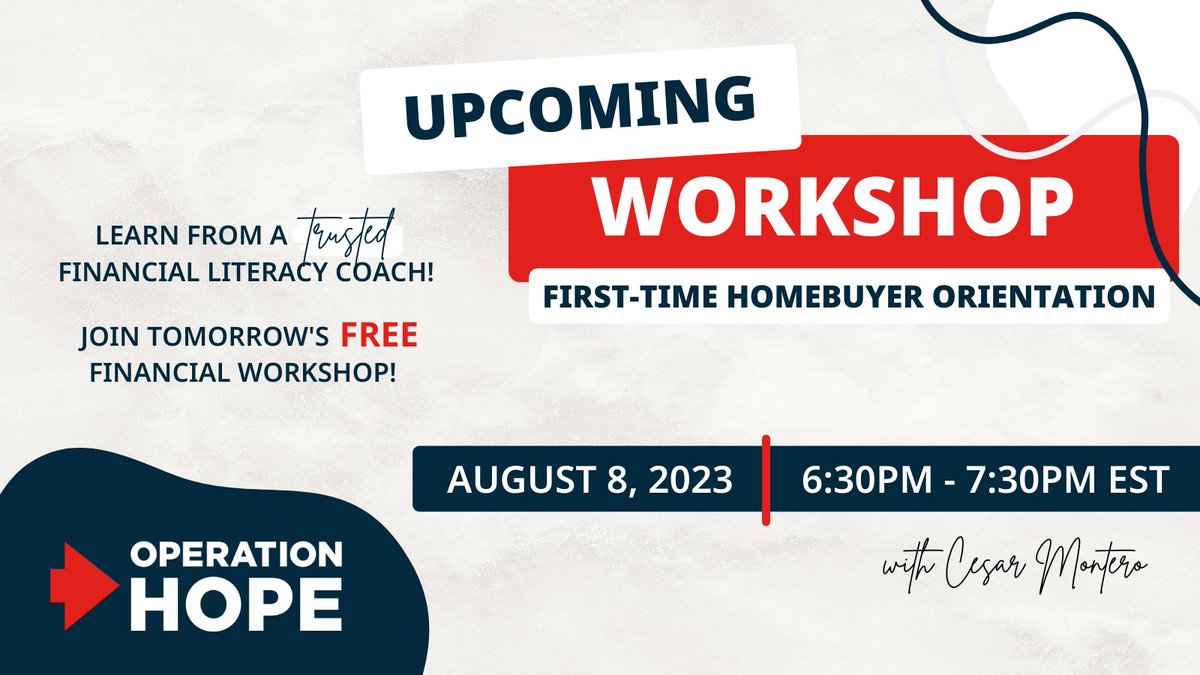 VinebrookHomes's tweet photo. 📣 Last call: Join us tomorrow for a free financial workshop with @OperationHOPE! 📣

🗓️ Date: August 8th
🕒 Time: 6:30pm - 7:30pm EST
📍https://t.co/geW56KXAOb
Passcode: hope2023 https://t.co/hmsLewfTYO