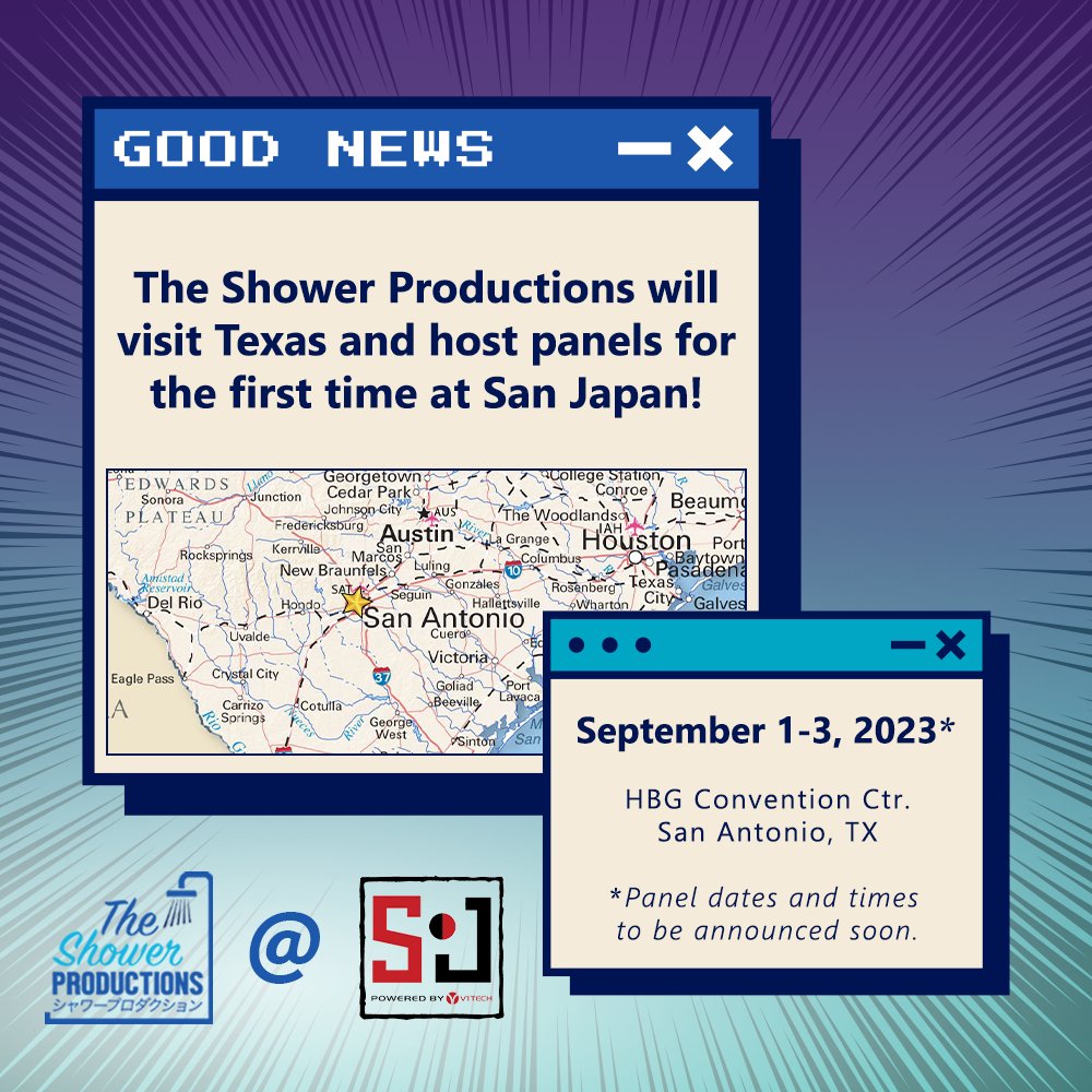 ShowerProduct's tweet photo. We can officially announce that we will be @SanJapan In a few weeks! Stay tuned for more information about our panels and when they will be. Hope to see you there! https://t.co/8mJ3Cgh9yO