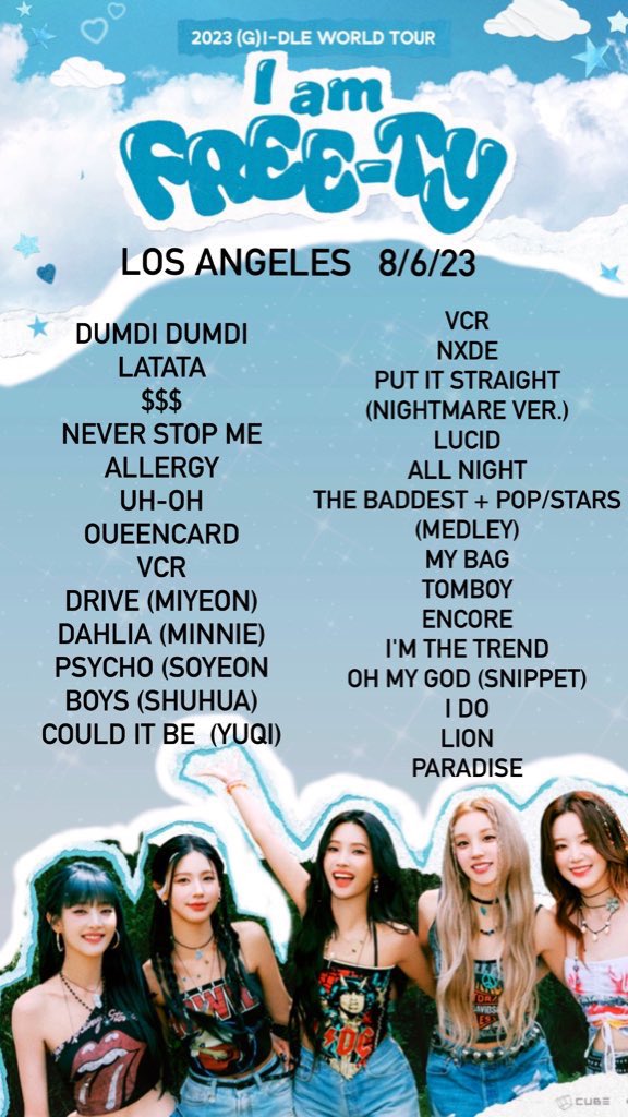 CillaCilla77's tweet photo. (G)-Idle Setlist in LA 8.6.23
#gidle #gidleinla #gidleido #gidlesetlist https://t.co/fROwokOeuB