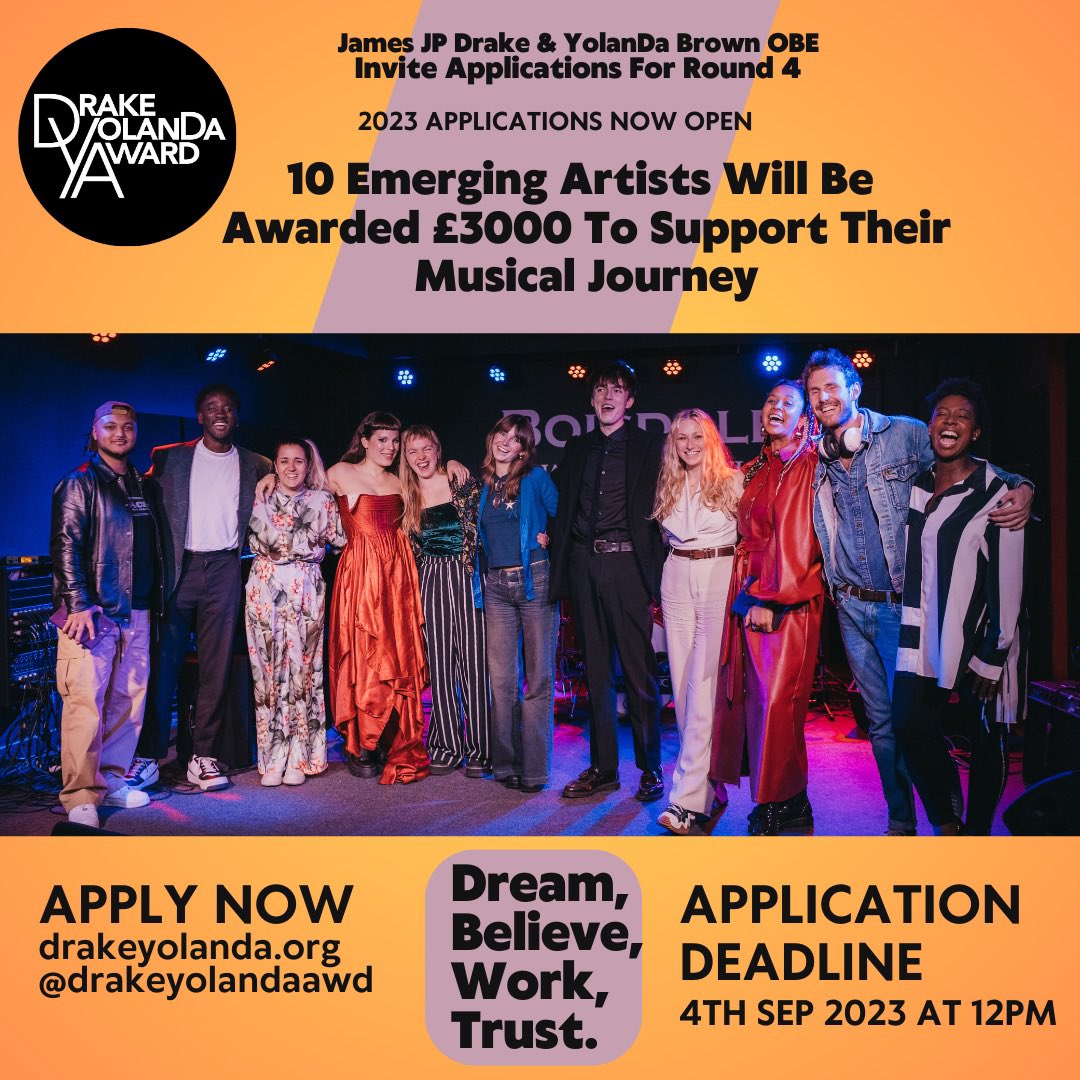 YolanDa Brown OBE (@yolandabrown) on Twitter photo Know any emerging musician between 16-30 looking for funding for their project? Please point to <a href="/DrakeYolanDaAWD/">Drake YolanDa Award</a> <a href="/jamesjpdrake/">James Drake</a> & I award ยฃ3000 in grants to 10 artists for their music projects!Applications close soon.
drakeyolanda.org
Last year: youtu.be/4BHXjA9oUl4 Know any emerging musician between 16-30 looking for funding for their project? Please point to <a href="/DrakeYolanDaAWD/">Drake YolanDa Award</a> <a href="/jamesjpdrake/">James Drake</a> & I award ยฃ3000 in grants to 10 artists for their music projects!Applications close soon.
drakeyolanda.org
Last year: youtu.be/4BHXjA9oUl4