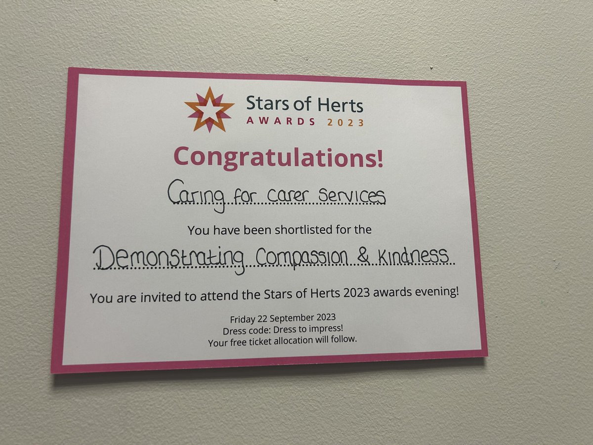 🥰 So proud to share that the Caring for Carers Service has been shortlisted for the Star of Herts Awards @WestHertsNHS in demonstrating compassion and kindness category….so exciting and delighted 😃 🥰😄 #NHSThinkCarer