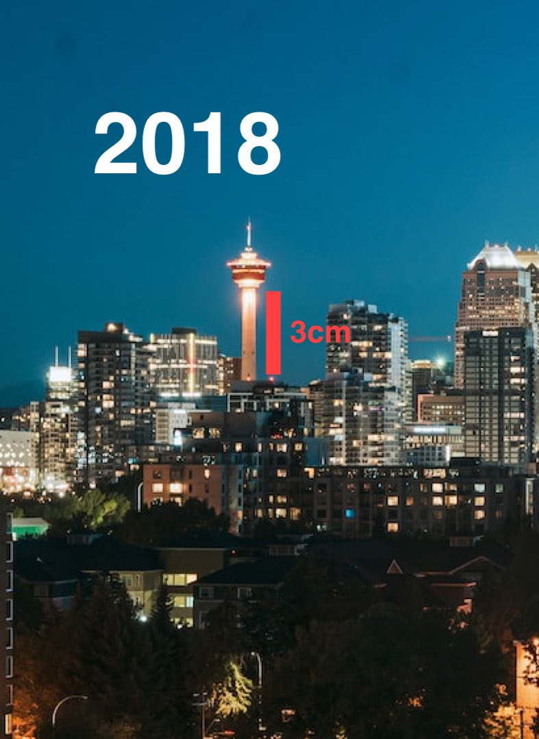 jeffdsilva's tweet photo. Hate to be another Climate Change alarmist but these two pictures taken 5 years apart clearly show that the shaft of the Calgary Tower is shrinking by about 5 feet every year, projecting the same rate of shrinkage over the next 25 years the tower will be all head no shaft by 2048 https://t.co/yj0zF6aNRb