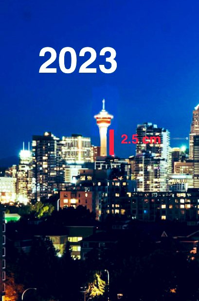 jeffdsilva's tweet photo. Hate to be another Climate Change alarmist but these two pictures taken 5 years apart clearly show that the shaft of the Calgary Tower is shrinking by about 5 feet every year, projecting the same rate of shrinkage over the next 25 years the tower will be all head no shaft by 2048 https://t.co/yj0zF6aNRb