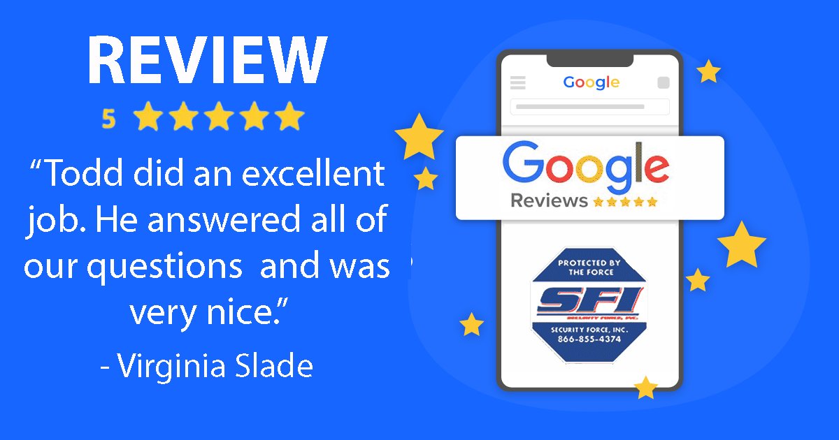Security_Force's tweet photo. πππππ #GoogleReview: "Todd did an excellent job. He answered all of our questions and was very nice." - Virginai Slade https://t.co/ycIp5JoyHw #WelcomeToTheForce #ProtectedByTheForce #TeamSFI We appreciate you as a customer! πππππ https://t.co/qMMIxjU9BT