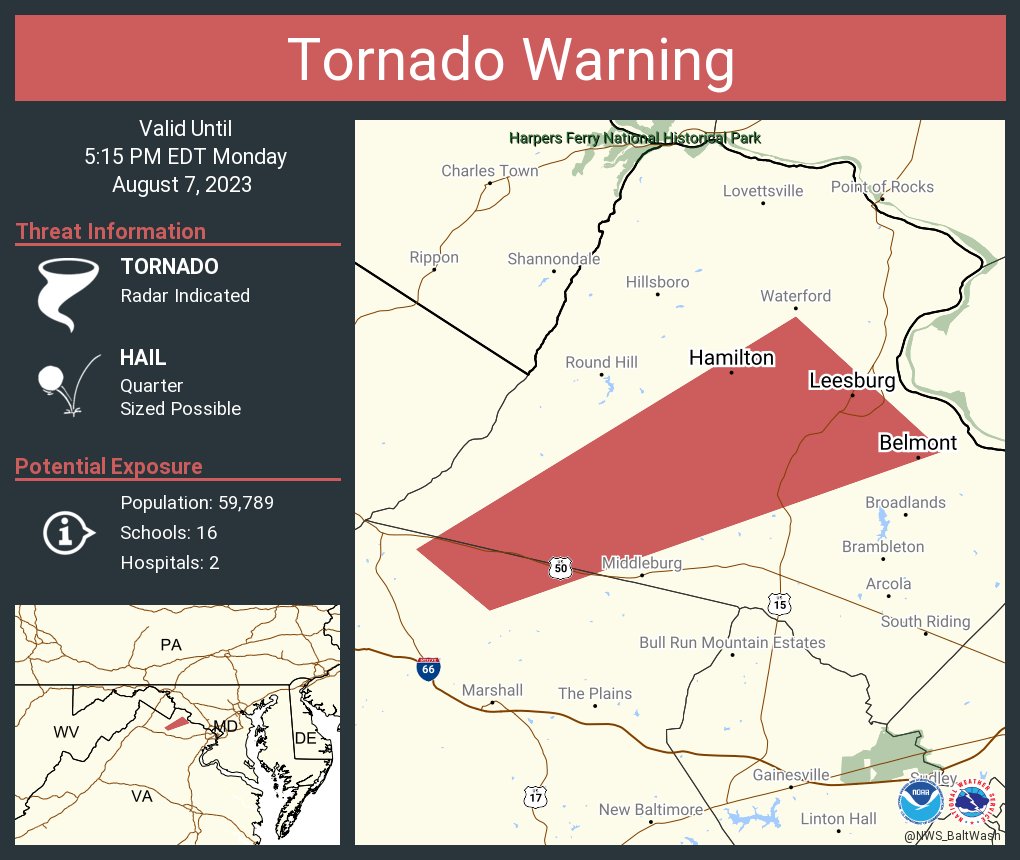 NWS_BaltWash's tweet photo. Tornado Warning including Leesburg VA, Belmont VA and Hamilton VA until 5:15 PM EDT https://t.co/rkg2DK4Khv