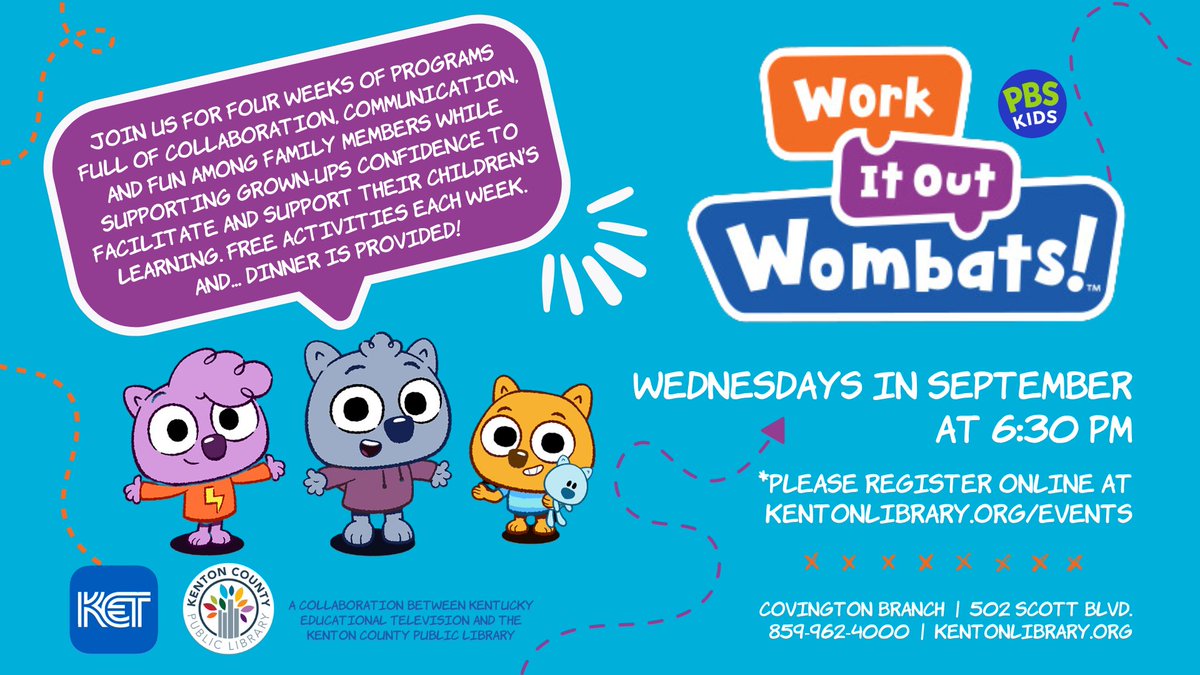 KentonLibrary's tweet image. We've partnered with @KET and @PBSKIDS! Register at kentonlibrary.bibliocommons.com/events/646e1dd… #workitoutwombats