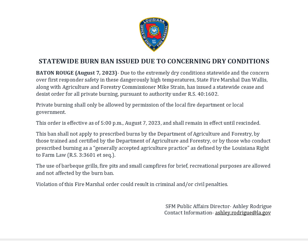 STATEWIDE BURN BAN ISSUED DUE TO CONCERNING DRY CONDITIONS