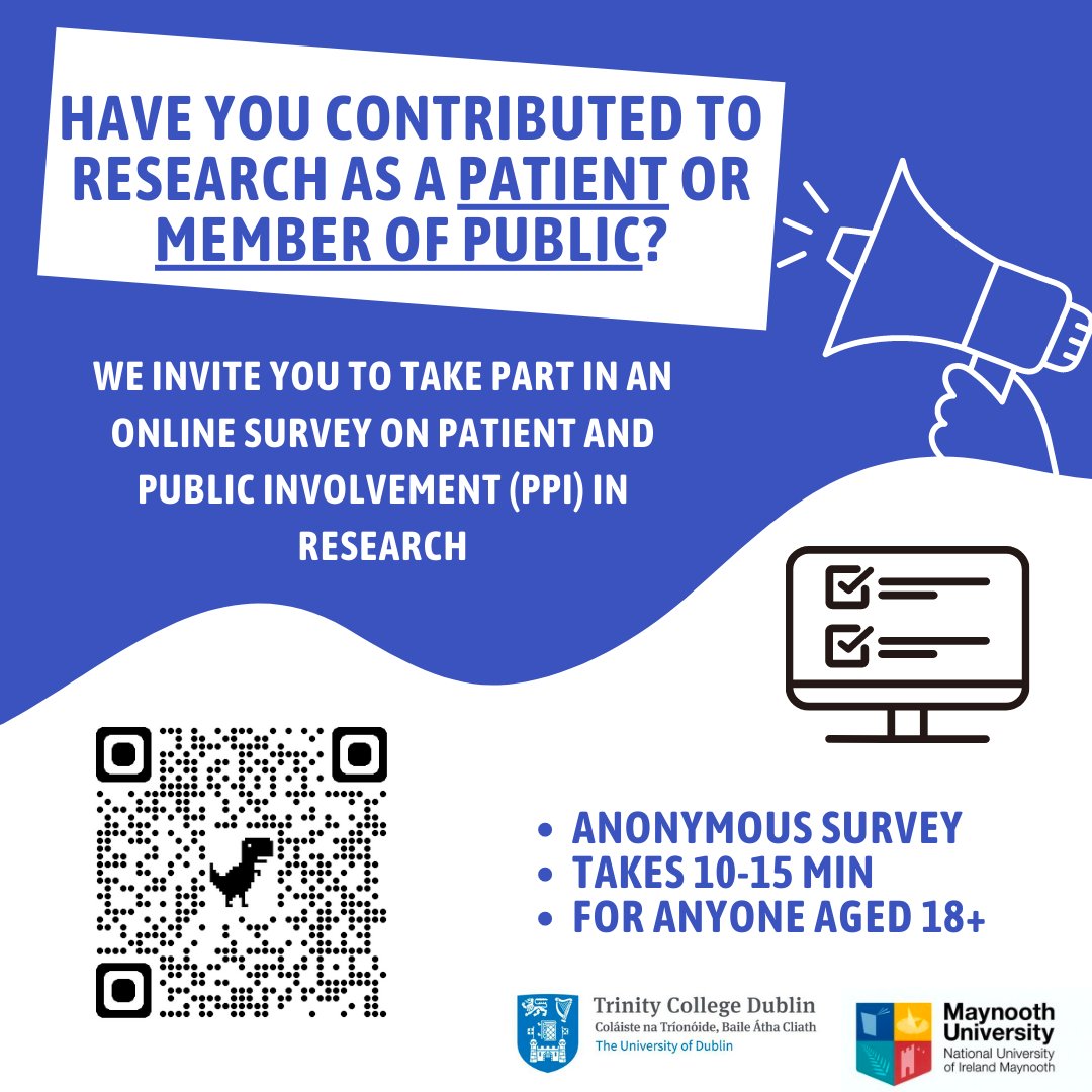 Join our anonymous survey. We are specially interested in the views of patients and members of public. Click in the link below or scan the QR and share.
⬇️⬇️⬇️
tcdecon.qualtrics.com/jfe/form/SV_6y…

#PPI #patients #healthresearch #participatoryresearch #engagedresearch