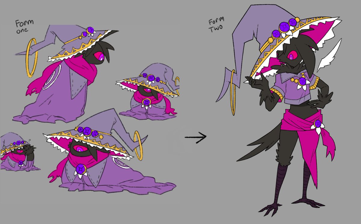 My OC Gatekeeper! from Rewrite  Shady merchant who loves trouble and will conveniently show up to block your path with a toll. Will give you a good deal on an ancient artifact that is totally not cursed. Uses either form whenever they feel like it!  Wields a magical hammer (!?)