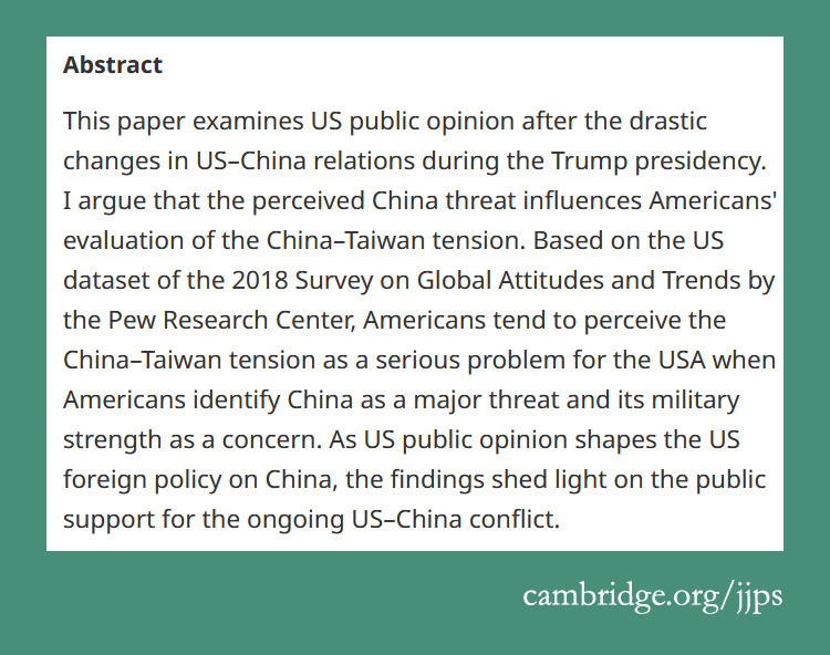 Free access until the end of August 2023 - US public opinion on cross-strait relations: the effect of China threat on the China–Taiwan tension - cup.org/3Jv3hEb - Hsin-Hsin Pan (Soochow University) #jjps