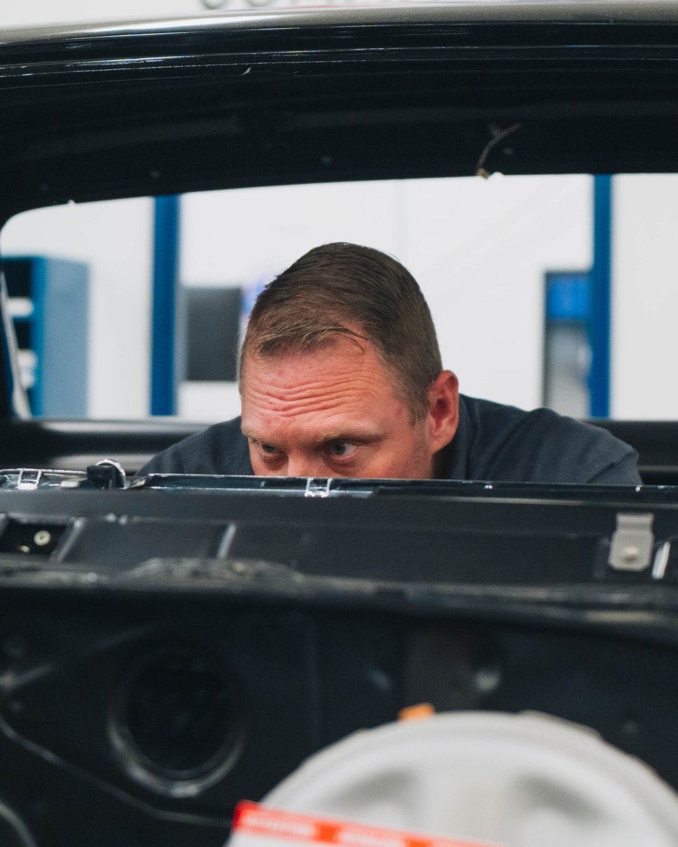 Focus and attention to detail 🧐🔍 Our main man Brian gets himself into some pretty interesting positions while working on our restorations. While wiring the #Hellcamino he found himself halfway out of the front windshield!