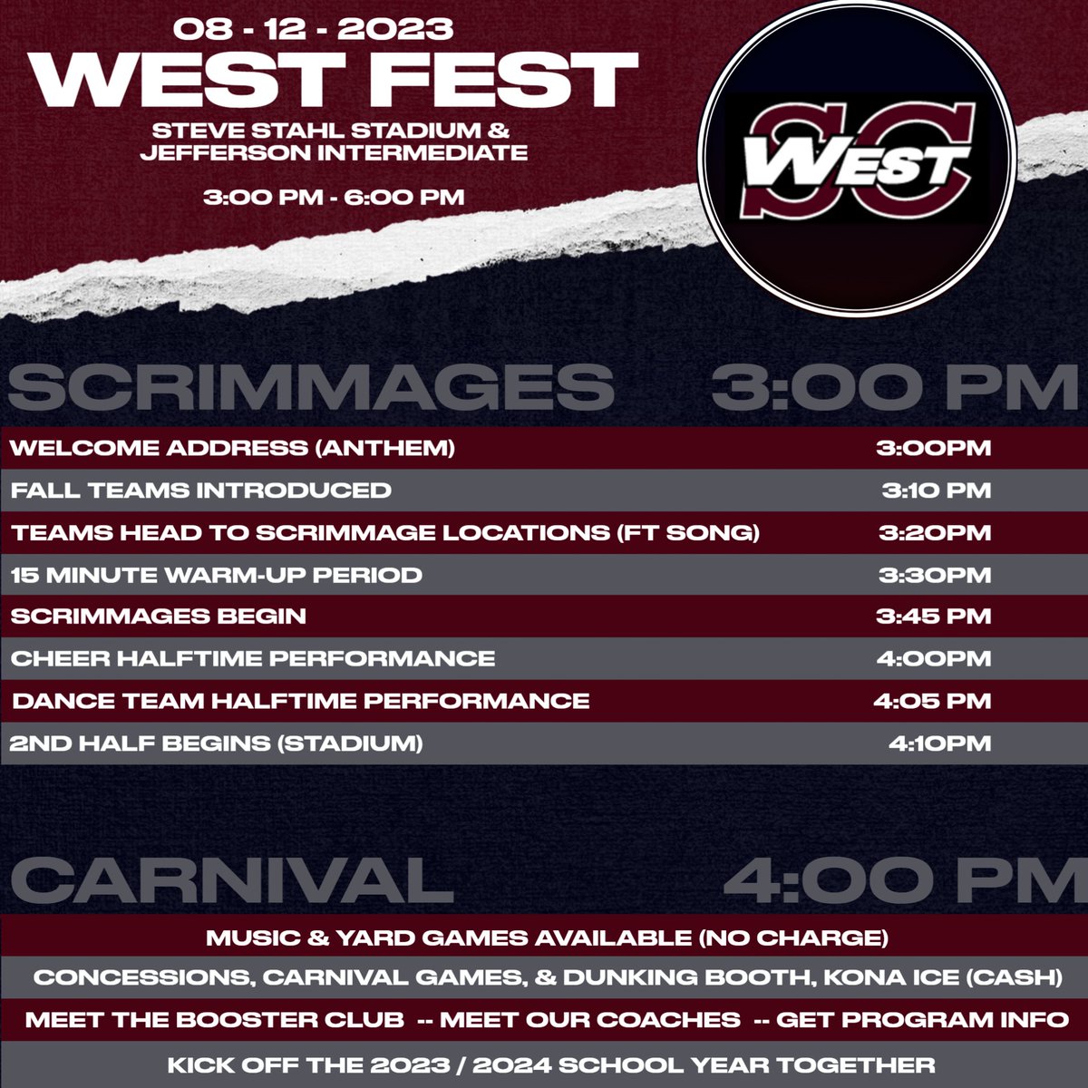 Calling SCSD students of all ages! West Fest is running this Saturday from 3:00 PM - 6:00 PM. Come out and kick off the 23/24 school year with us. Event starts at 3:00 PM in the Stadium.