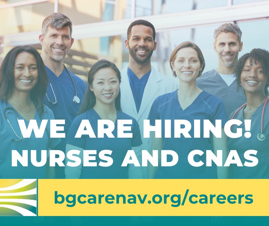 We're hiring nurses and CNAs! We offer a flexible schedule, more time with patients, dependable teammates and paid parental leave! Learn more and join #TeamBCN today on our website! bgcarenav.org/careers 

#hiring #flexibleschedule #careeropportunities #teammates #applynow