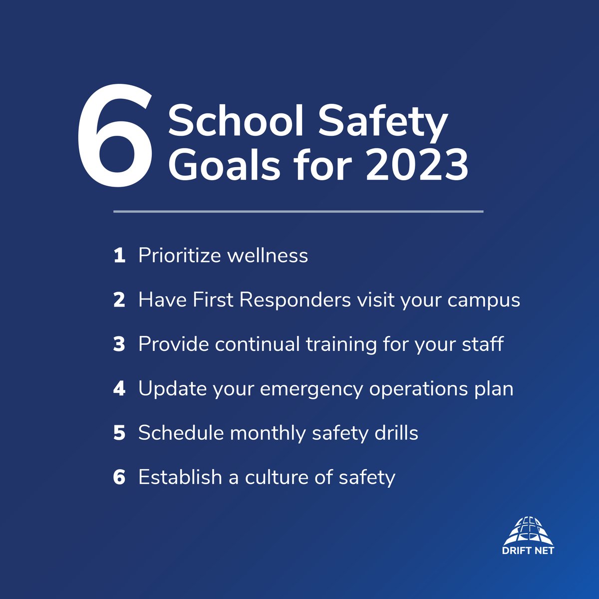 driftnetinc's tweet photo. It's time to start thinking about the upcoming school year! ✏️🍎

Here are 6️⃣ safety goals that every school should aim for - if you need help meeting any of these goals, message us, and we can get you where you need to be! https://t.co/URKMtIX5x4