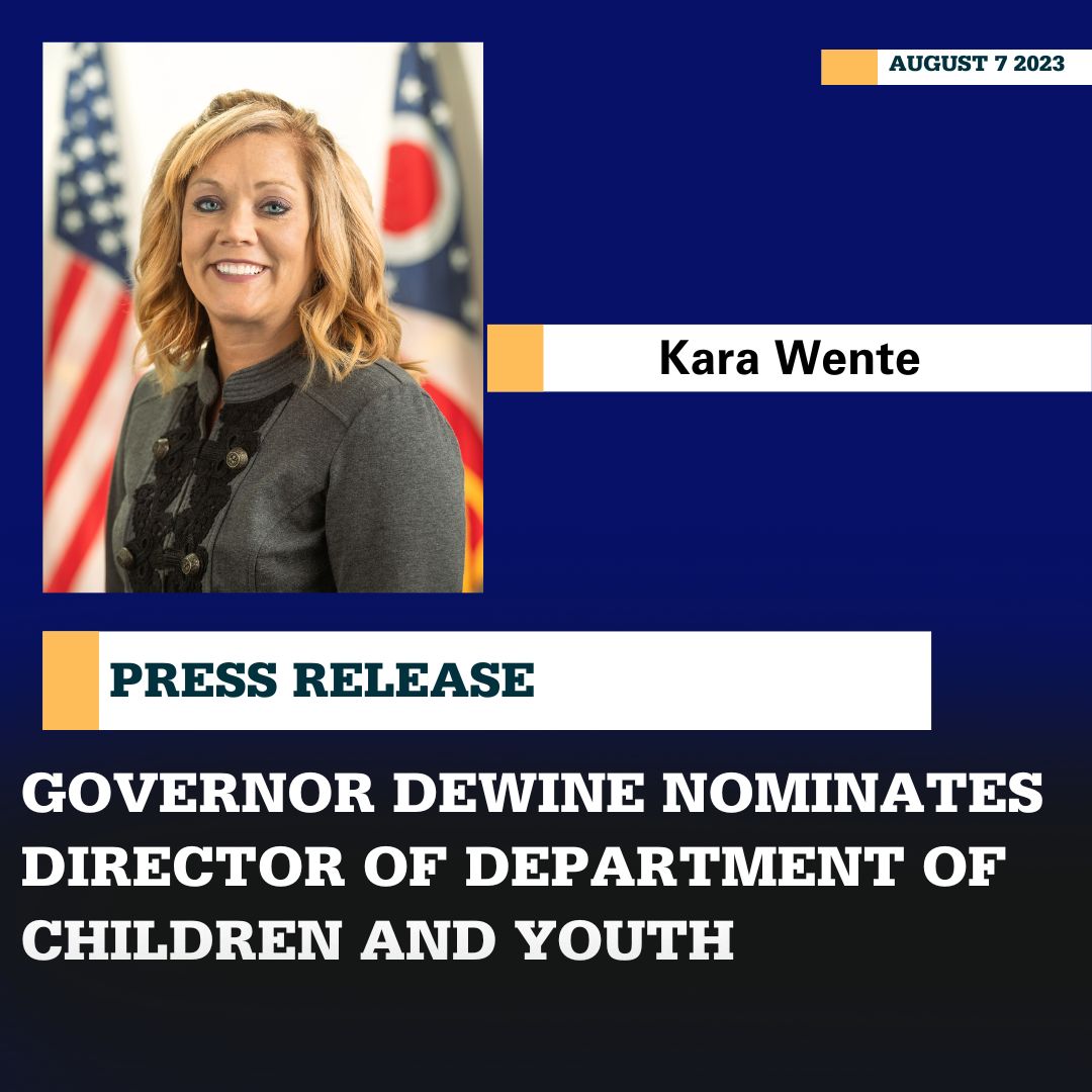 GovMikeDeWine's tweet photo. Today, I announced that I am nominating Kara Wente to serve as the Director of the Department of Children and Youth. Now, there will be an entire department whose main focus is on the health and opportunities available to all of Ohio’s children. More: https://t.co/UsidWXAcwS https://t.co/OKXcbhlT2g