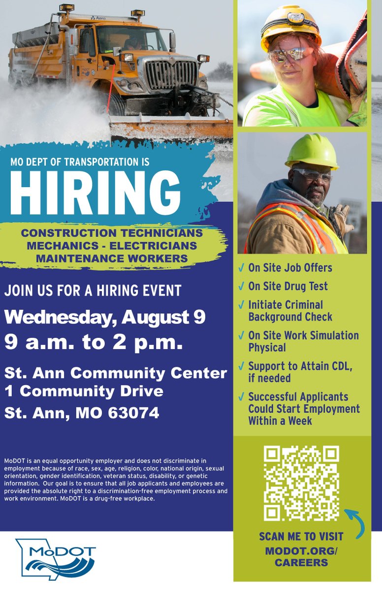 @MoDot has some exciting opportunities to meet with recruiters on August 9.  Come visit with a recruiter and find your next amazing opportunity! @mocareers #WeServeMO #hireMOtalent #MoDOT #MoCareers