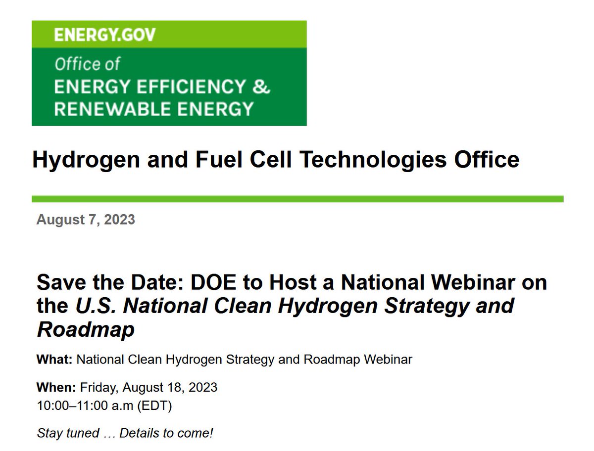 KeithDPatch's tweet photo. US Dept of @ENERGY @eeregov Hydrogen and Fuel Cell Technologies Office webinar on the National Clean #Hydrogen Strategy and Roadmap 7Aug2023 10amET. Topics? #45V #additionality #hourlymatching #GreenHydrogen #BlueHydrogen #carbonintensity Make a guess!
https://t.co/WPeUghZwbX https://t.co/17hAX0G6Va