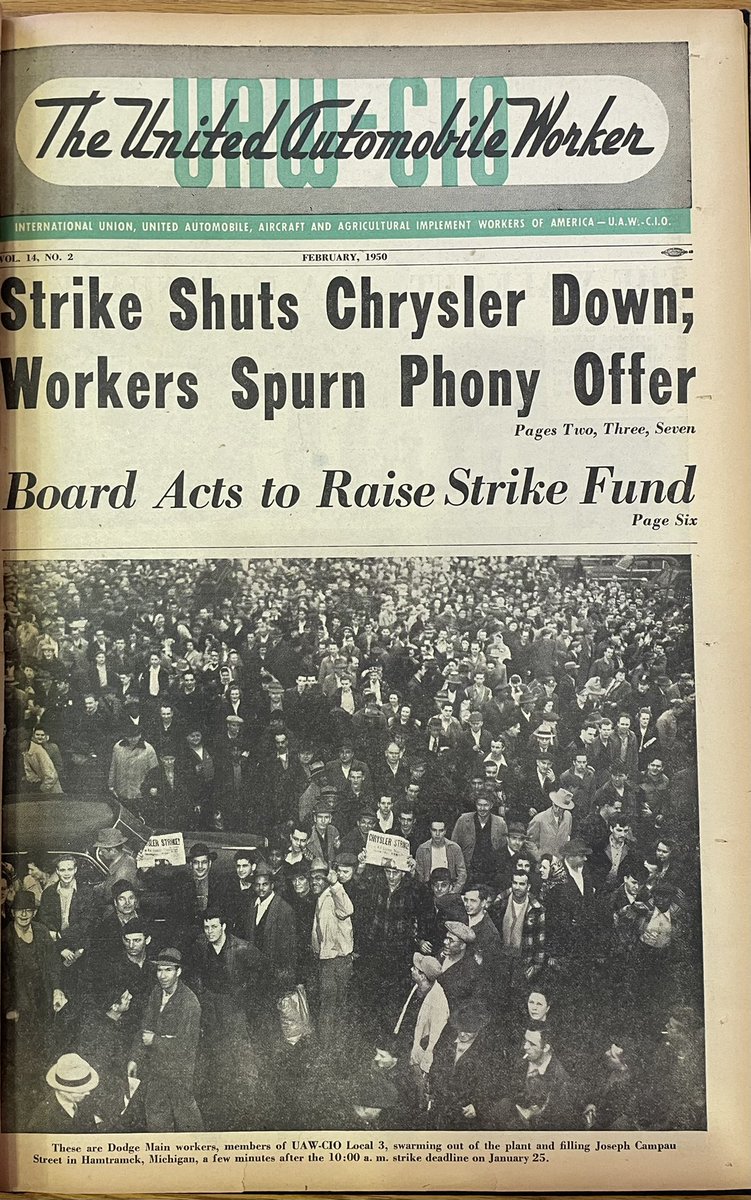 UAW_Archivist's tweet image. “Strike Shuts Chrysler Down”
Photo essay in the @UAW’s newspaper about the start of their strike against the automaker in 1950. From the archives at the @ReutherLibrary.
